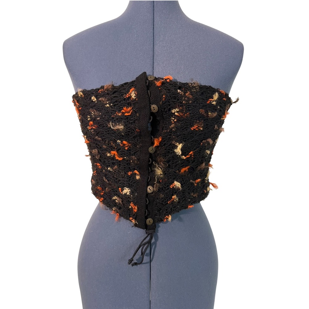 Vintage Marie Pier Crochet Tube Top Black Orange Knit Button Up Fairy Grunge OS